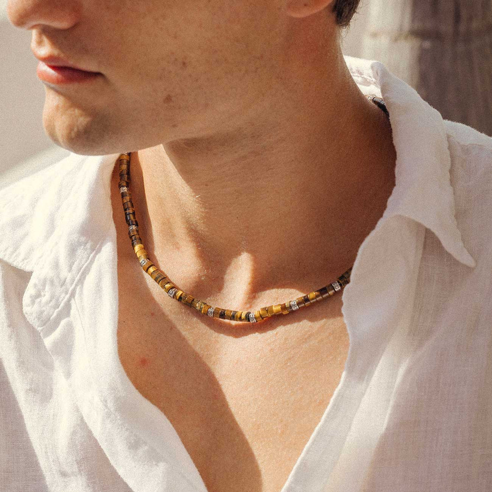 Heishi Necklace in Tigers Eye worn