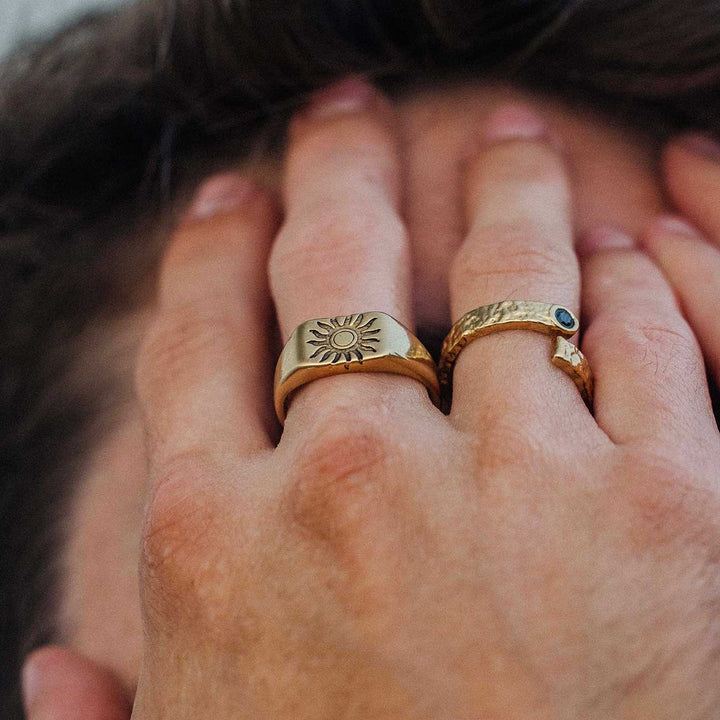 Sun Signet Ring and Channel Ring worn