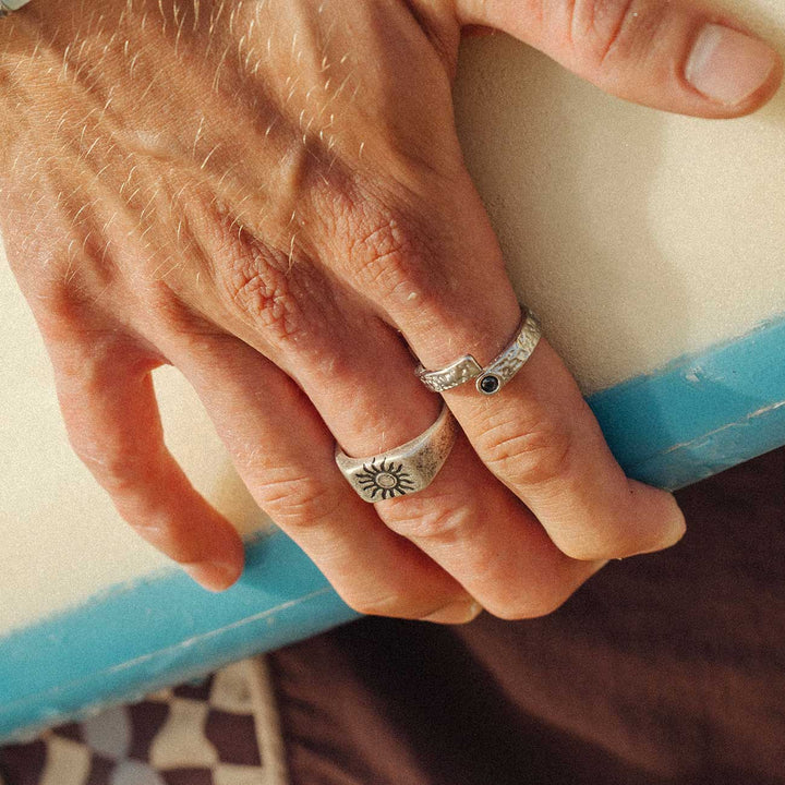 Sun Signet Ring and Channel Ring worn