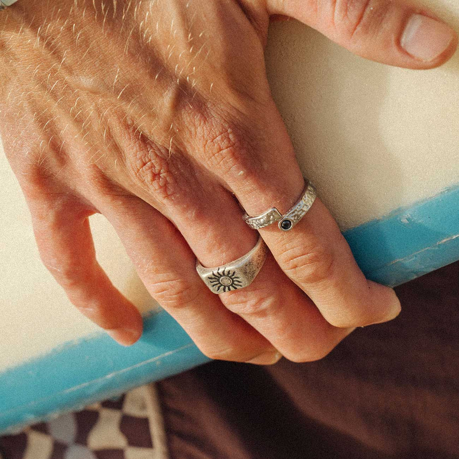 Sun Signet Ring and Channel Ring worn